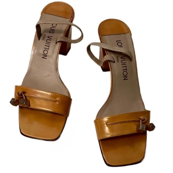 Louis Vuitton Gold Block Heel Sandals Metal LV Logo Charms Size 36.65 (US 6) - Picture 4 of 16